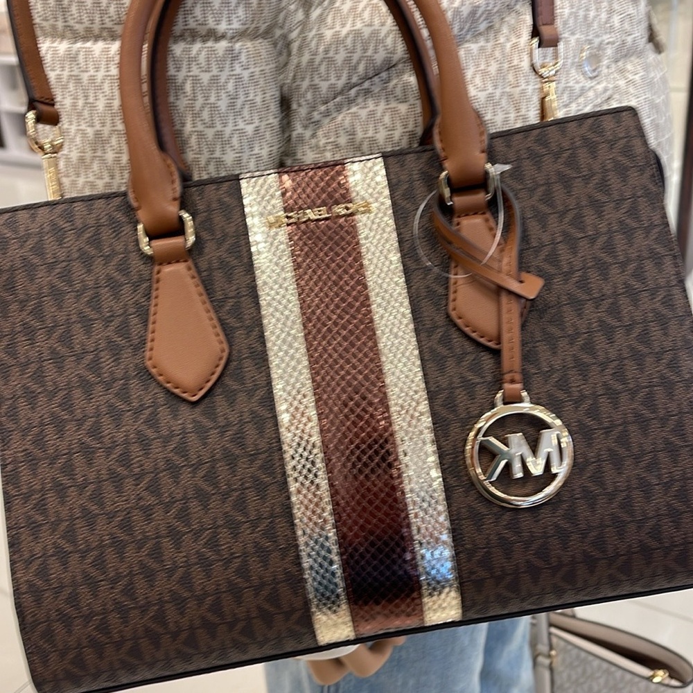Michael Kors Sheila Medium Signature Logo and Metallic Satchel Crossbody CZ NWT